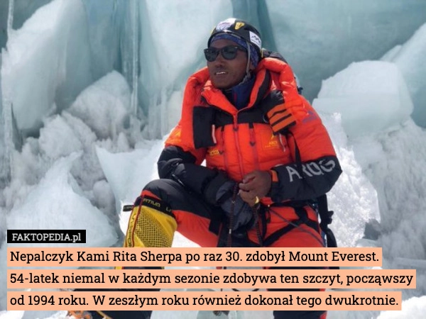 
    Nepalczyk Kami Rita Sherpa po raz 30. zdobył Mount Everest.
54-latek niemal