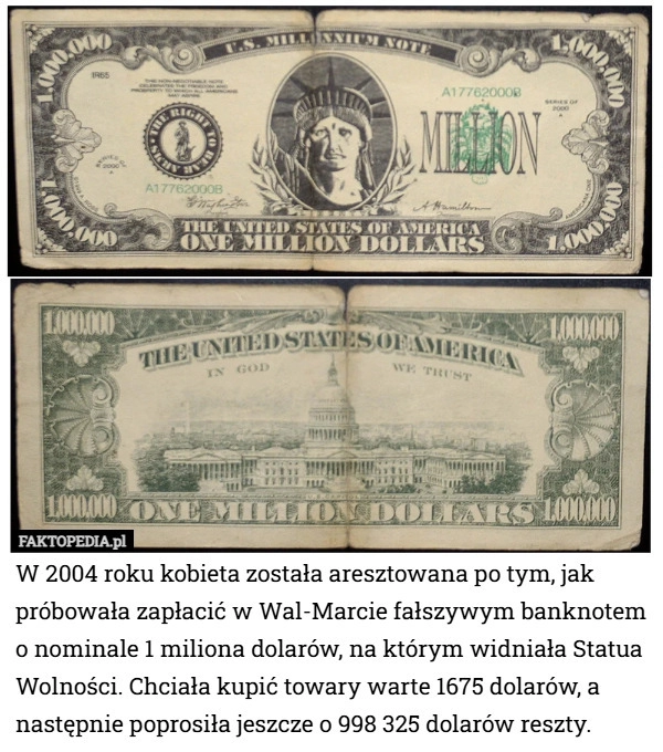 
    W 2004 roku kobieta została aresztowana po tym, jak próbowała zapłacić w...
