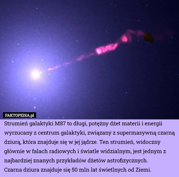 
    Strumień galaktyki M87 to długi, potężny dżet materii i energii wyrzucany