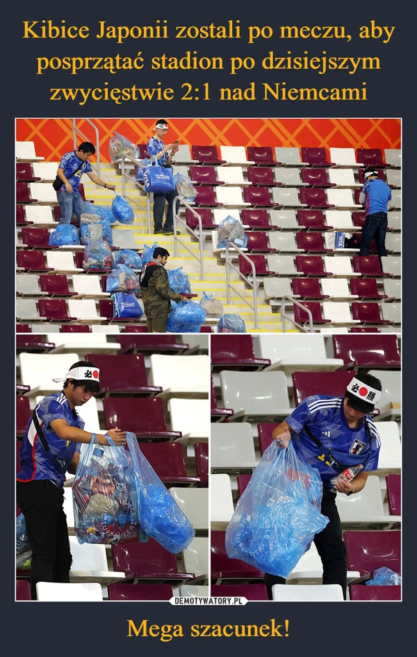 
    
Kibice Japonii zostali po meczu, aby posprzątać stadion po dzisiejszym zwycięstwie 2:1 nad Niemcami Mega szacunek! 