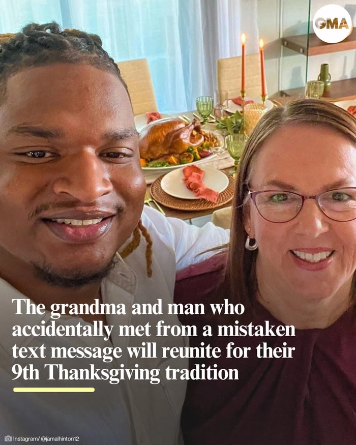 
    Wanda Dench and Jamal Hinton, former strangers who met eight years ago in a mistaken text message exchange, are reuniting for their ninth Thanksgiving celebration this week!