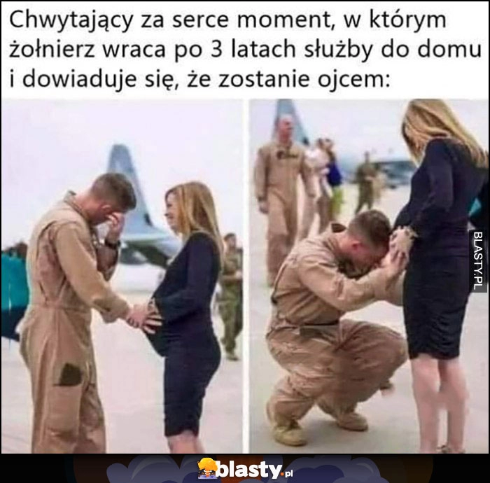 
    Chwytający za serce moment, w którym żołnierz wraca po 3 latach służby do domu i dowiaduje się, że zostanie ojcem