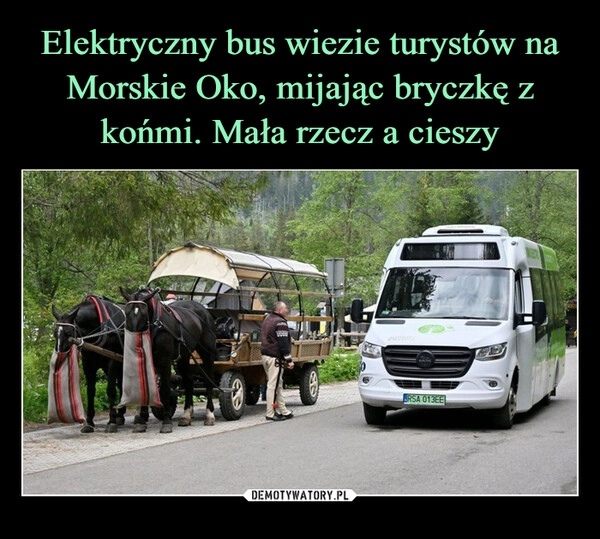 
    Elektryczny bus wiezie turystów na Morskie Oko, mijając bryczkę z końmi. Mała rzecz a cieszy