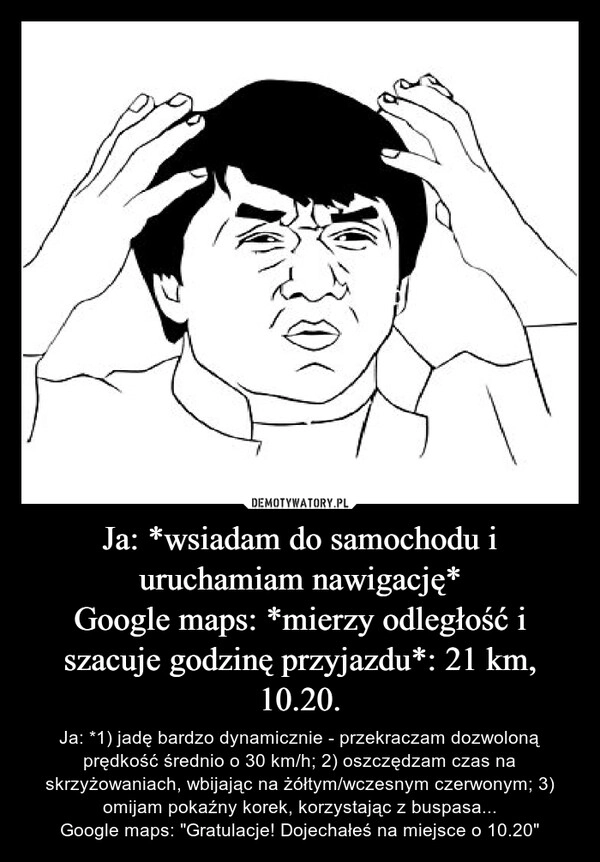 
    Ja: *wsiadam do samochodu i uruchamiam nawigację*
Google maps: *mierzy odległość i szacuje godzinę przyjazdu*: 21 km, 10.20.