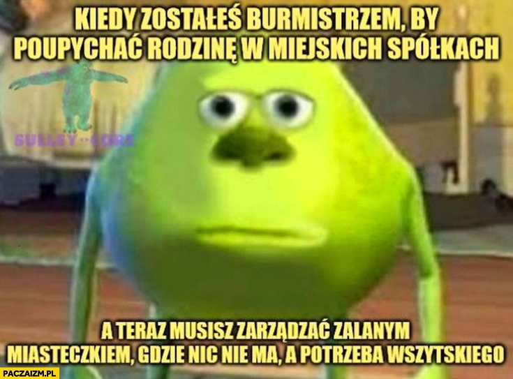 
    Kiedy zostałeś burmistrzem by poupychać rodzinę w miejskich spółkach a teraz musisz zarządzać zalanym miasteczkiem gdzie nic nie ma a potrzeba wszystkiego wszystkiego