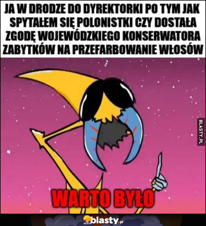 
    Ja w drodze do dyrektorki po tym jak spytałem się polonistki czy dostała zgodę wojewódzkiego konserwatora zabytków na przefarbowanie włosów. Kurwinox warto było