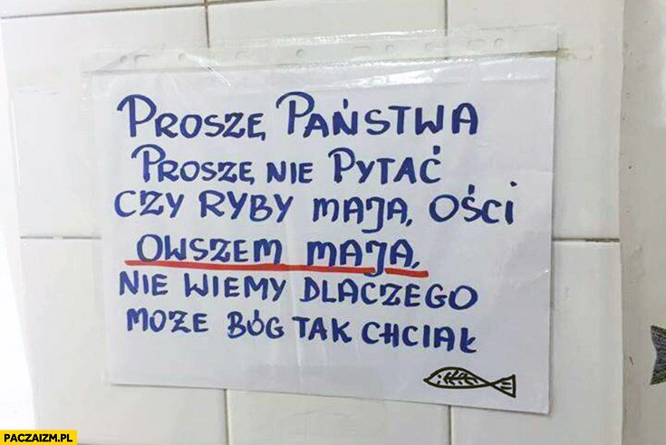 
    Proszę nie pytać czy ryby maja ości, owszem mają, nie wiemy dlaczego może Bóg tak chciał. Kartka napis