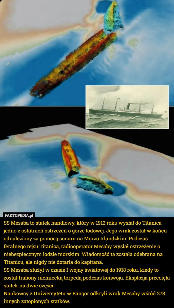 
    SS Mesaba to statek handlowy, który w 1912 roku wysłał do Titanica jedno