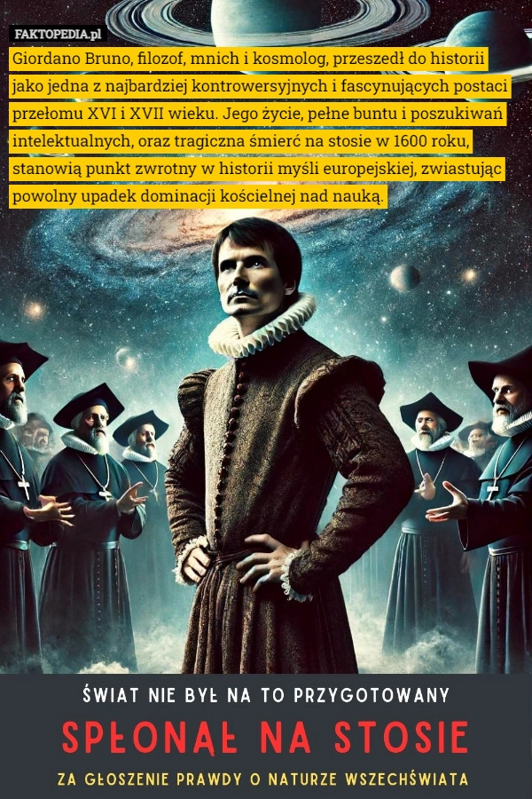 
    Giordano Bruno, filozof, mnich i kosmolog, przeszedł do historii jako jedna