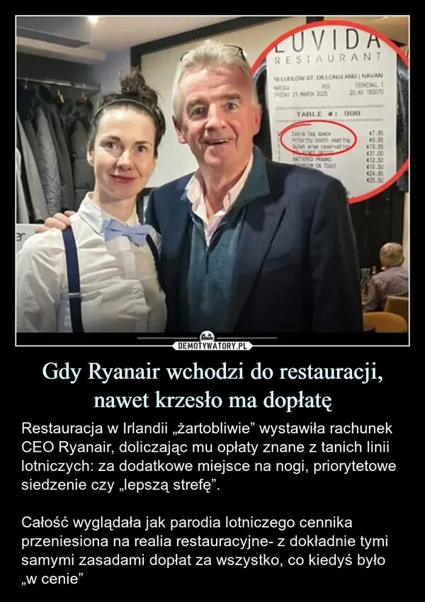 Gdy Ryanair wchodzi do restauracji, nawet krzesło ma dopłatę