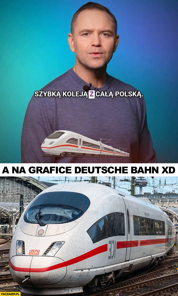 
    Nawrocki reklama o kolei a na grafice pociąg Deutsche Bahn