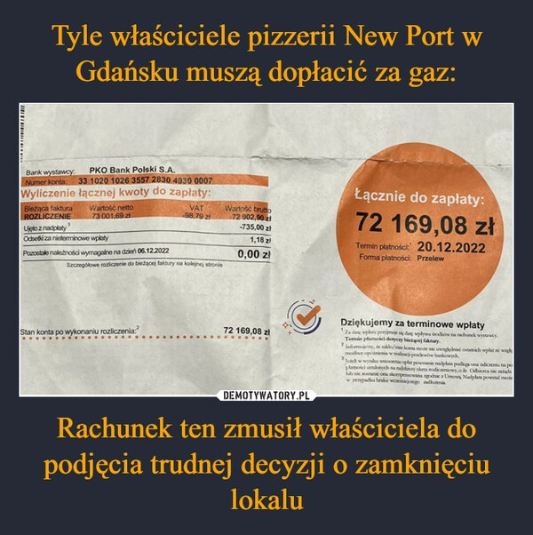 
    Tyle właściciele pizzerii New Port w Gdańsku muszą dopłacić za gaz: Rachunek ten zmusił właściciela do podjęcia trudnej decyzji o zamknięciu lokalu 