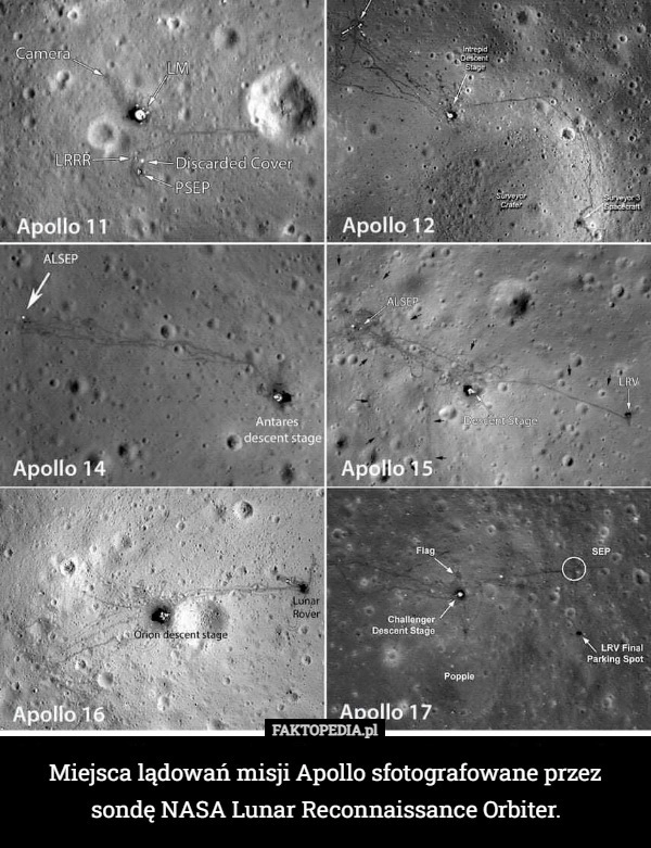 
    Miejsca lądowań misji Apollo sfotografowane przez sondę NASA Lunar Reconnaissance