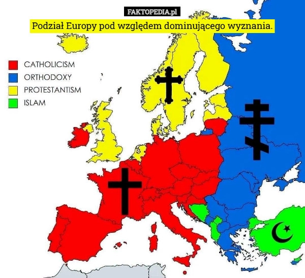 
    Podział Europy pod względem dominującego wyznania.