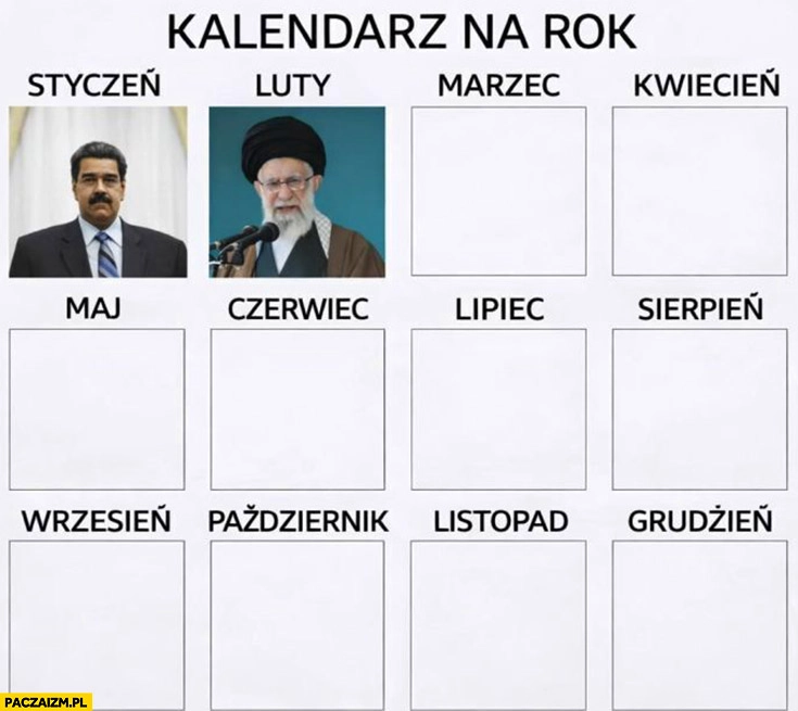
    Kalendarz na rok 2026 styczeń Maduro luty Chamenei