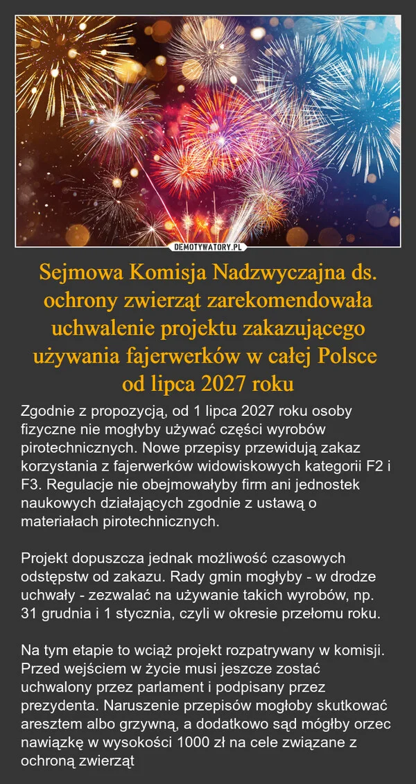 
    Sejmowa Komisja Nadzwyczajna ds. ochrony zwierząt zarekomendowała uchwalenie projektu zakazującego używania fajerwerków w całej Polsce od lipca 2027 roku