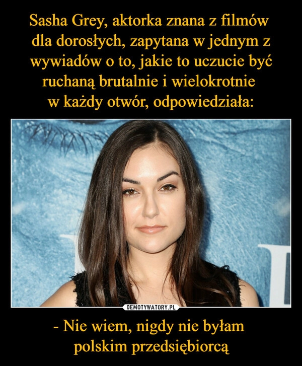 
    Sasha Grey, aktorka znana z filmów 
dla dorosłych, zapytana w jednym z wywiadów o to, jakie to uczucie być ruchaną brutalnie i wielokrotnie 
w każdy otwór, odpowiedziała: - Nie wiem, nigdy nie byłam 
polskim przedsiębiorcą