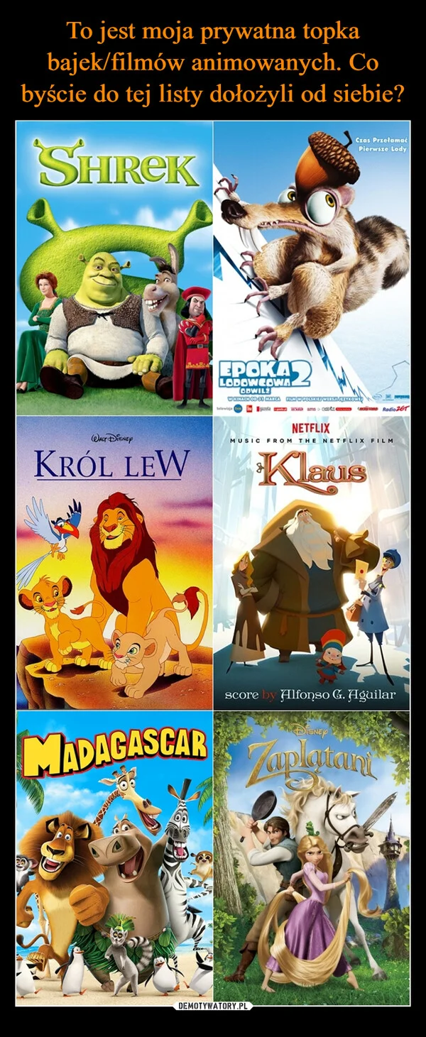 
    To jest moja prywatna topka bajek/filmów animowanych. Co byście do tej listy dołożyli od siebie?