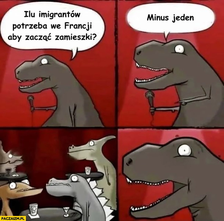 
    Ilu imigrantów potrzeba we Francji aby zacząć zamieszki? Minus jeden dinozaur żart standup komiks