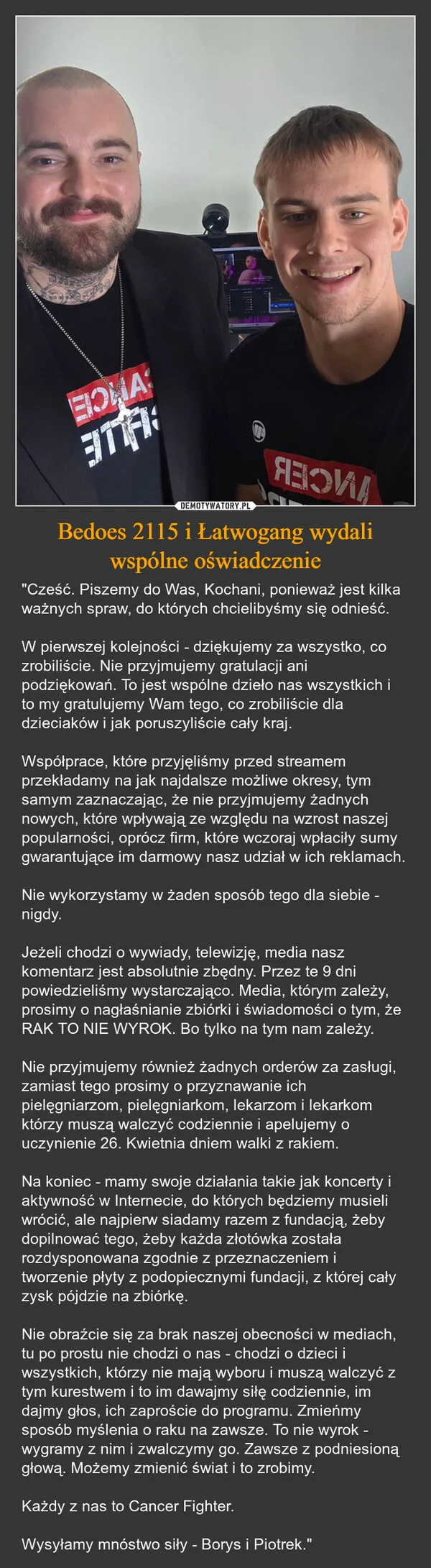 
    Bedoes 2115 i Łatwogang wydali wspólne oświadczenie