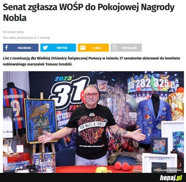 
    WOŚP zgłoszony do Nagrody Nobla przez Senat