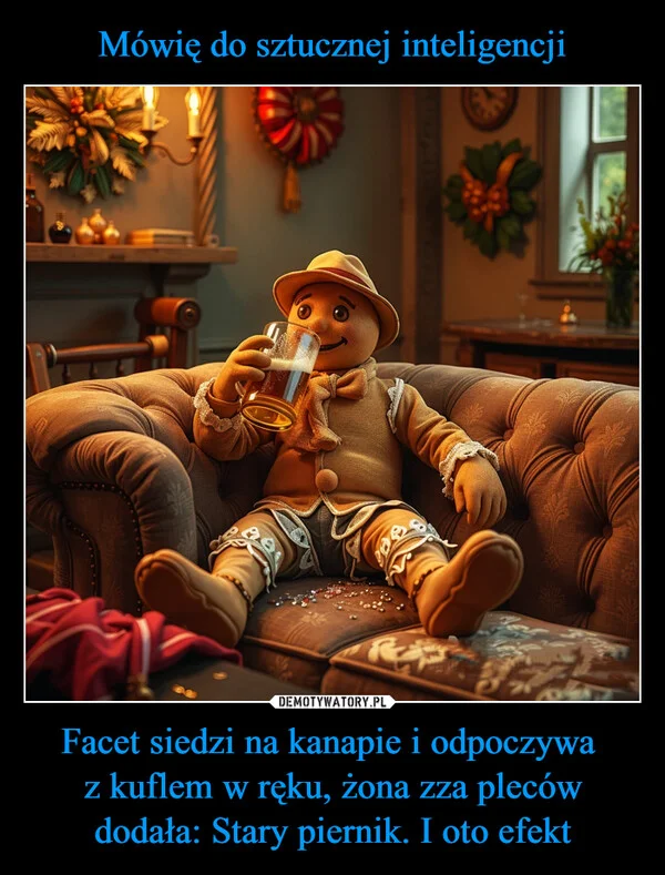 
    Mówię do sztucznej inteligencji Facet siedzi na kanapie i odpoczywa z kuflem w ręku, żona zza pleców dodała: Stary piernik. I oto efekt