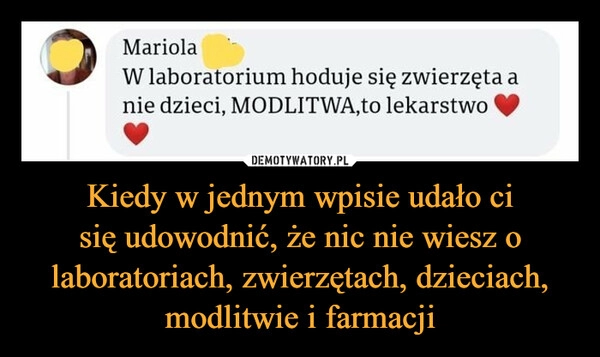 
    Kiedy w jednym wpisie udało ci
się udowodnić, że nic nie wiesz o laboratoriach, zwierzętach, dzieciach, modlitwie i farmacji