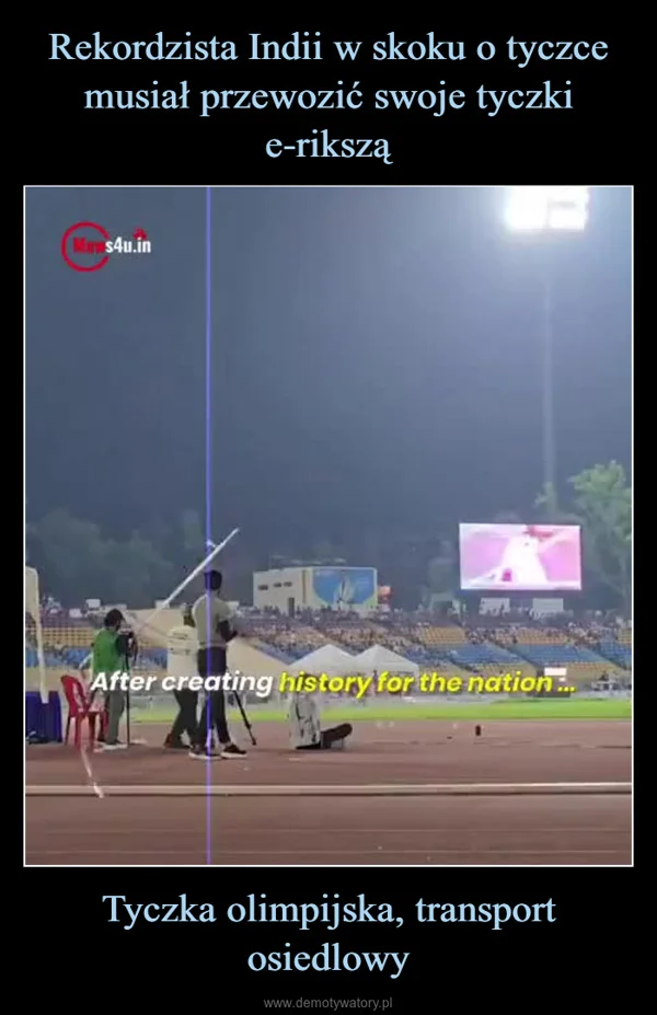 
    Rekordzista Indii w skoku o tyczce musiał przewozić swoje tyczki e-rikszą Tyczka olimpijska, transport osiedlowy