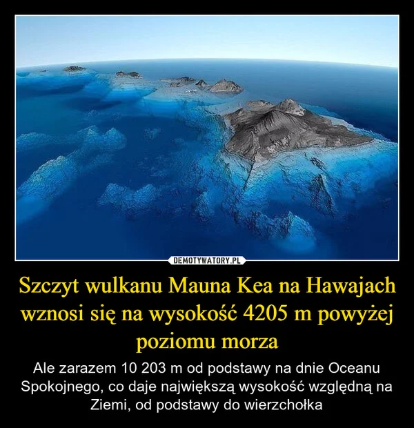 
    Szczyt wulkanu Mauna Kea na Hawajach wznosi się na wysokość 4205 m powyżej poziomu morza