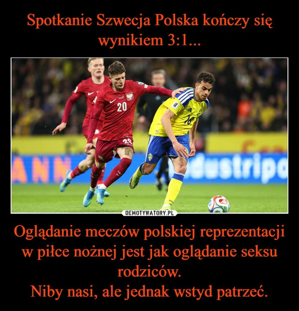 Spotkanie Szwecja Polska kończy się wynikiem 3:1... Oglądanie meczów polskiej reprezentacji w piłce nożnej jest jak oglądanie seksu rodziców. Niby nasi, ale jednak wstyd patrzeć.