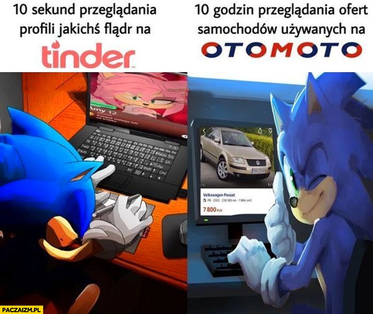 
    10 sekund przeglądania profili jakichś fladr na tinder 10 godzin przeglądania ofert samochodów używanych na otomoto