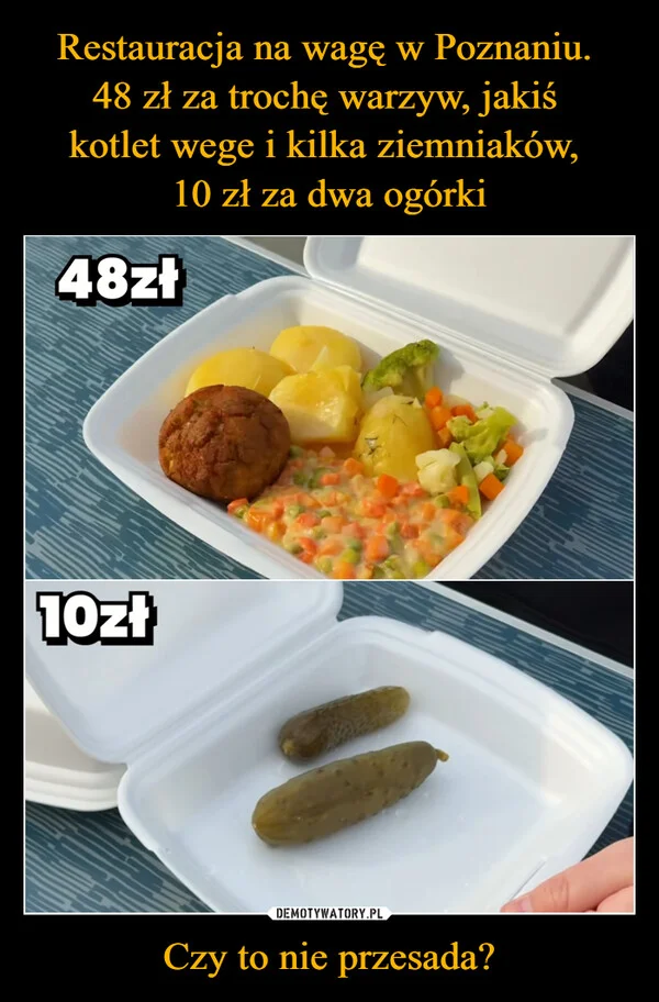 
    Restauracja na wagę w Poznaniu. 48 zł za trochę warzyw, jakiś kotlet wege i kilka ziemniaków, 10 zł za dwa ogórki Czy to nie przesada?