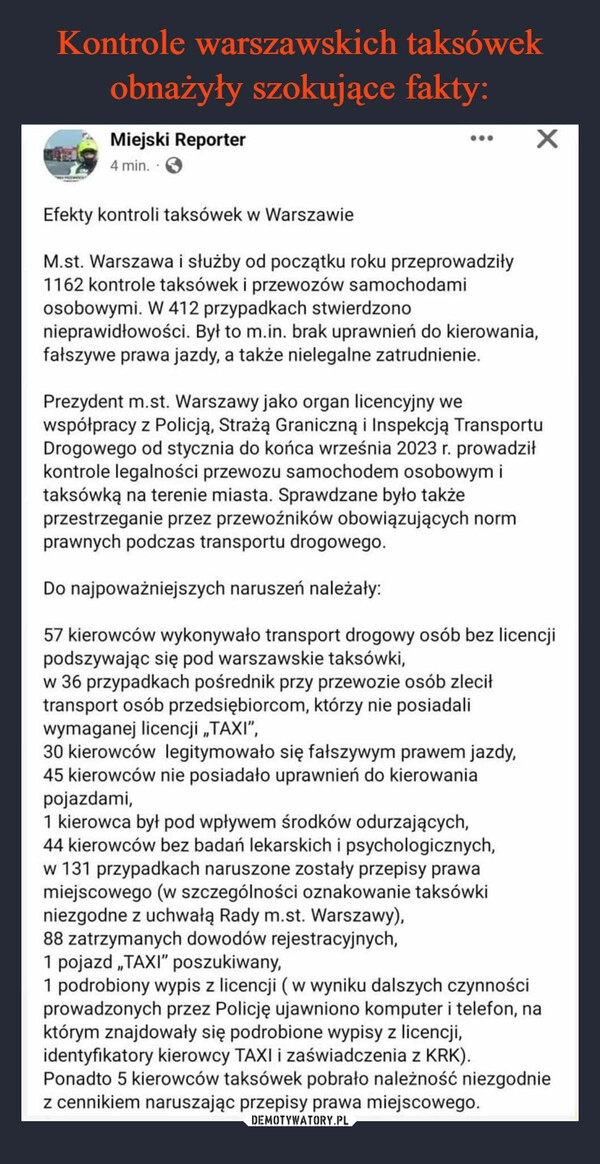 
    Kontrole warszawskich taksówek obnażyły szokujące fakty: