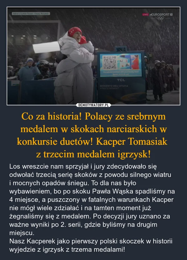 
    Co za historia! Polacy ze srebrnym medalem w skokach narciarskich w konkursie duetów! Kacper Tomasiak z trzecim medalem igrzysk!