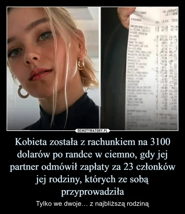 Kobieta została z rachunkiem na 3100 dolarów po randce w ciemno, gdy jej partner odmówił zapłaty za 23 członków jej rodziny, których ze sobą przyprowadziła