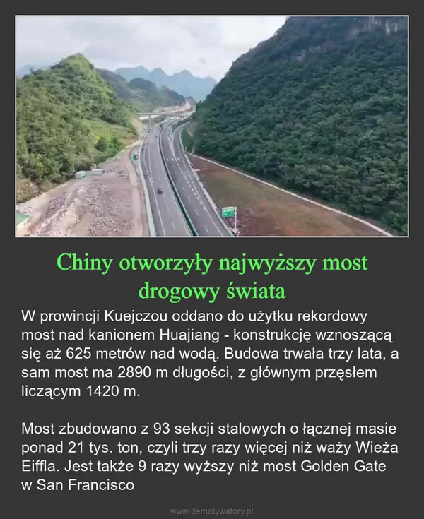 
    Chiny otworzyły najwyższy most drogowy świata