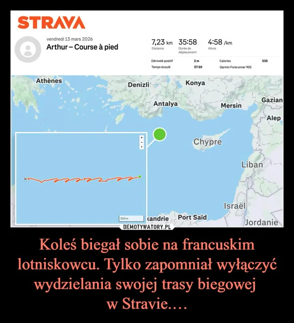 
    Koleś biegał sobie na francuskim lotniskowcu. Tylko zapomniał wyłączyć wydzielania swojej trasy biegowej w Stravie.…