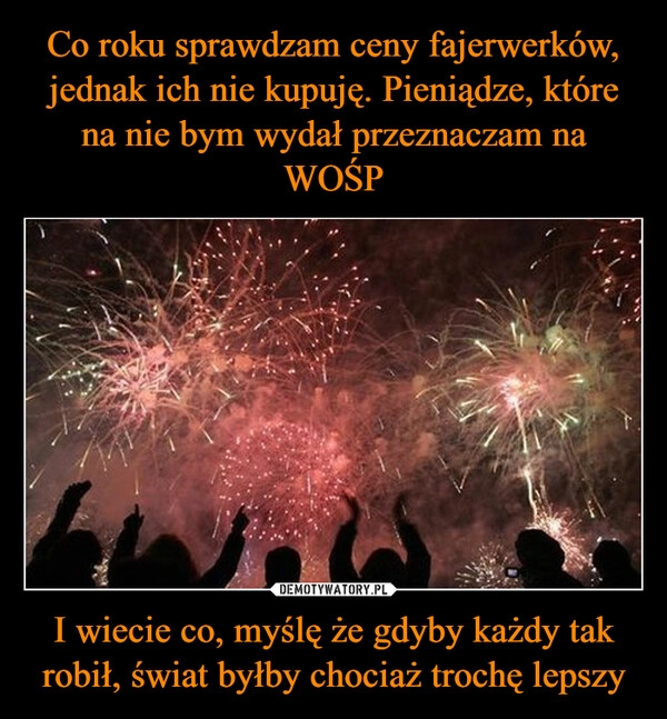 
    Co roku sprawdzam ceny fajerwerków, jednak ich nie kupuję. Pieniądze, które na nie bym wydał przeznaczam na WOŚP I wiecie co, myślę że gdyby każdy tak robił, świat byłby chociaż trochę lepszy