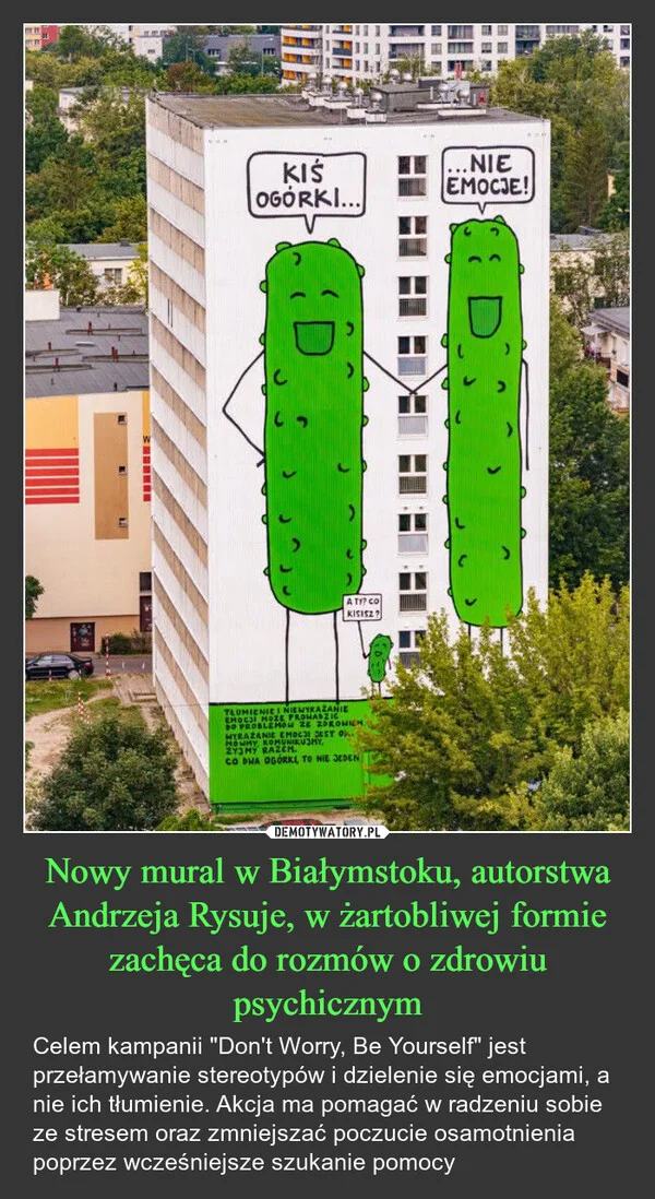 
    Nowy mural w Białymstoku, autorstwa Andrzeja Rysuje, w żartobliwej formie zachęca do rozmów o zdrowiu psychicznym