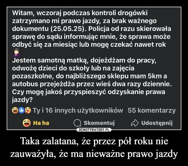 
    Taka zalatana, że przez pół roku nie zauważyła, że ma nieważne prawo jazdy