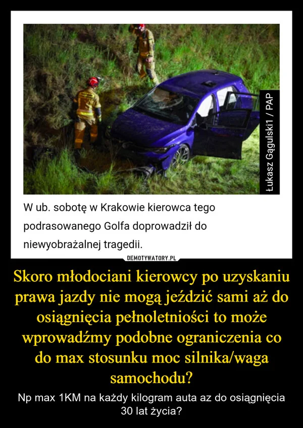 
    Skoro młodociani kierowcy po uzyskaniu prawa jazdy nie mogą jeździć sami aż do osiągnięcia pełnoletniości to może wprowadźmy podobne ograniczenia co do max stosunku moc silnika/waga samochodu?