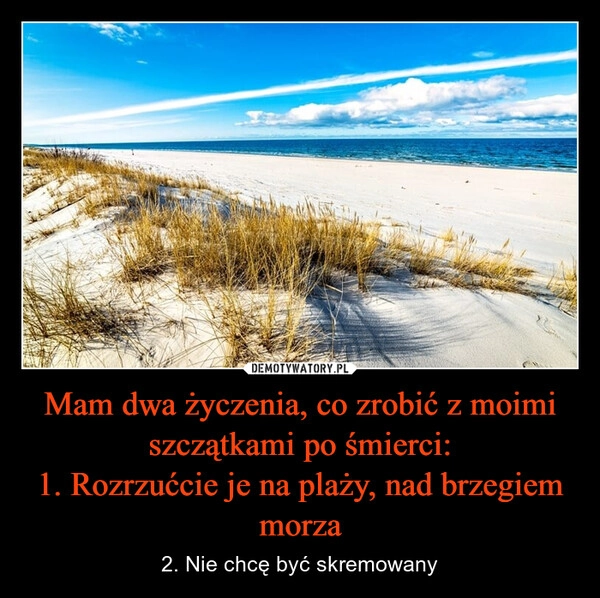 
    Mam dwa życzenia, co zrobić z moimi szczątkami po śmierci:
1. Rozrzućcie je na plaży, nad brzegiem morza