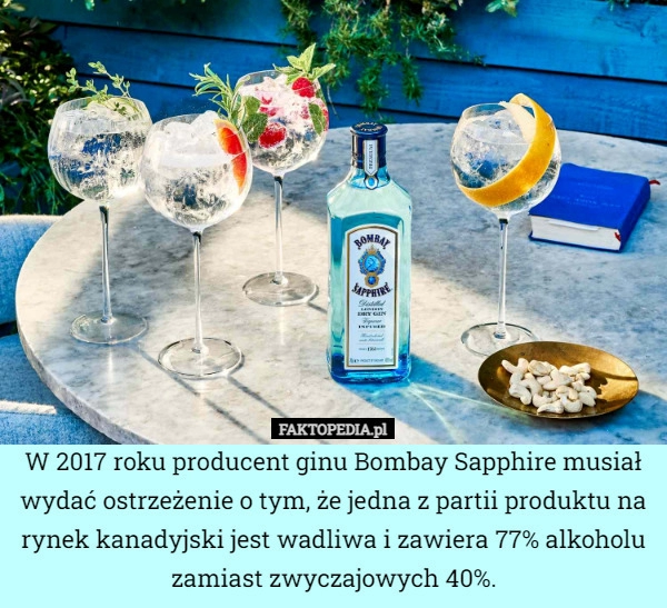 
    W 2017 roku producent ginu Bombay Sapphire musiał wydać ostrzeżenie o tym,