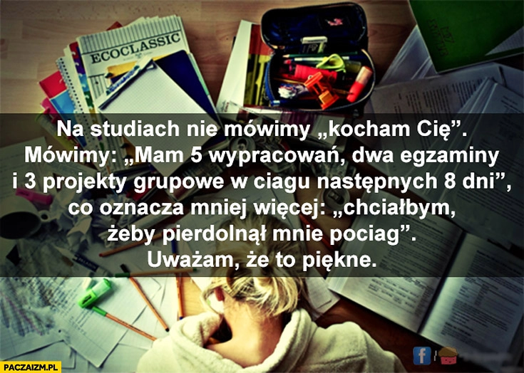 
    Na studiach nie mówimy kocham Cię chciałbym żeby pierdolnął mnie pociąg