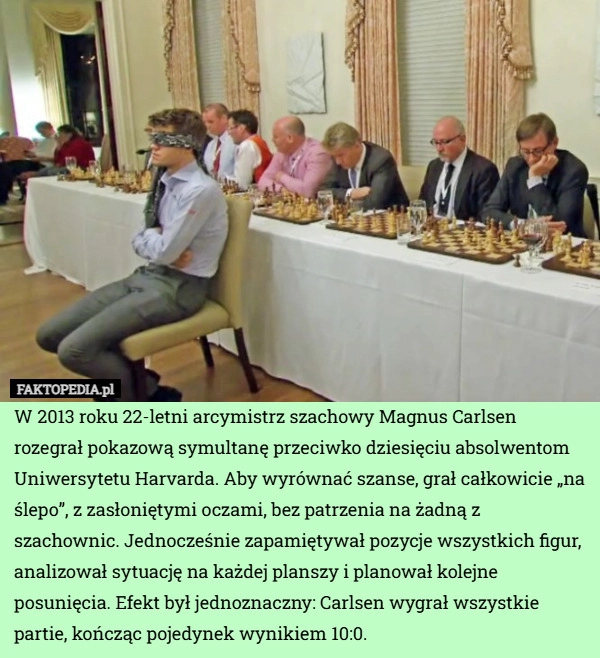 
    W 2013 roku 22-letni arcymistrz szachowy Magnus Carlsen rozegrał pokazową