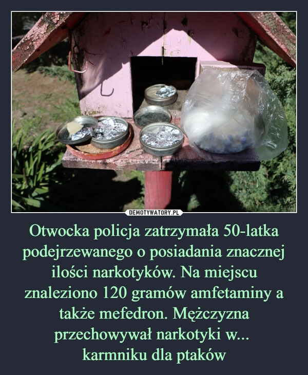 
    Otwocka policja zatrzymała 50-latka podejrzewanego o posiadania znacznej ilości narkotyków. Na miejscu znaleziono 120 gramów amfetaminy a także mefedron. Mężczyzna przechowywał narkotyki w... 
karmniku dla ptaków