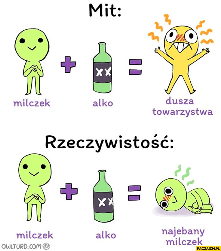 
    Mit milczek + alkohol = dusza towarzystwa. Rzeczywistość: milczek + alkohol = nawalony milczek