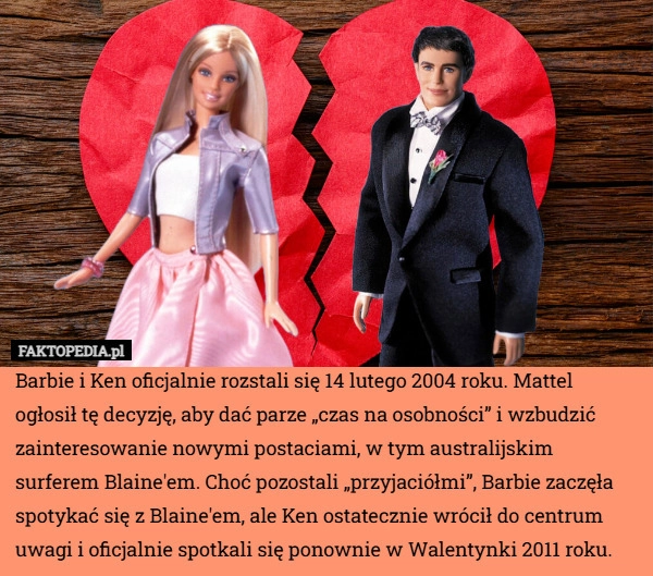 
    Barbie i Ken oficjalnie rozstali się 14 lutego 2004 roku. Mattel ogłosił
