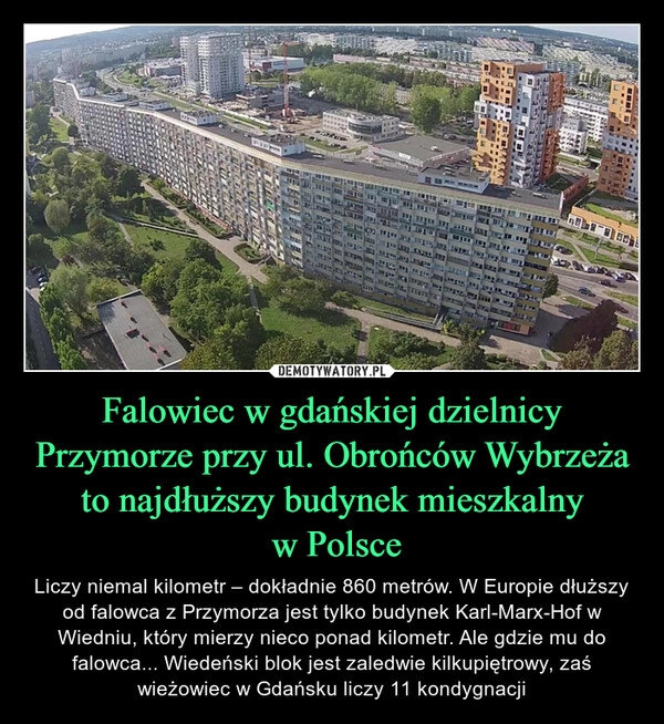 
    Falowiec w gdańskiej dzielnicy Przymorze przy ul. Obrońców Wybrzeża to najdłuższy budynek mieszkalny
w Polsce 