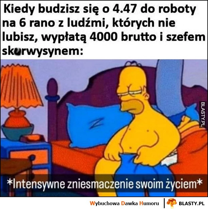 
    Kiedy budzisz się o 4:47 do roboty z ludźmi których nie lubisz, wypłatą 4000 brutto i szefem skurczysynem